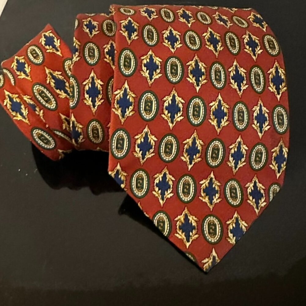 Fendi Silk Tie Navy Blue Necktie Neckwear Mens Red Gold Luxury Medallion